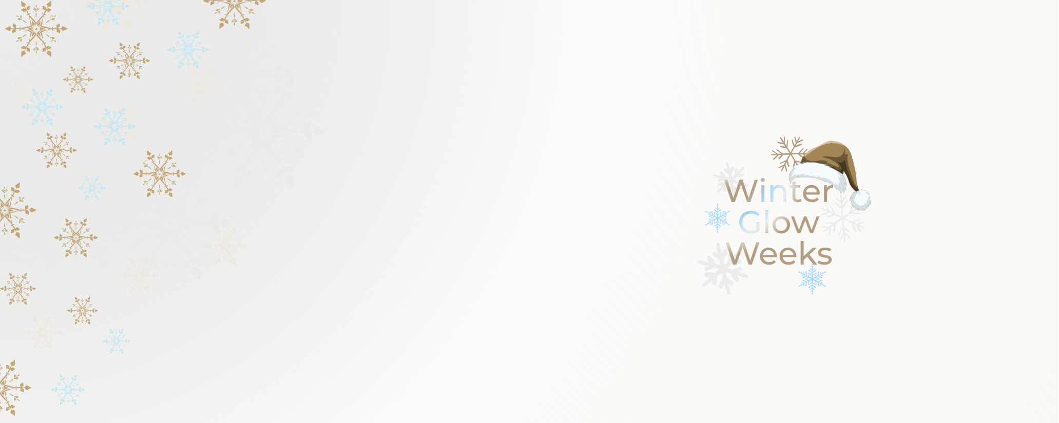 Winter Glow Weeks Werbebanner mit Wintermütze und Schneeflocken für Winterpflege-Aktion.