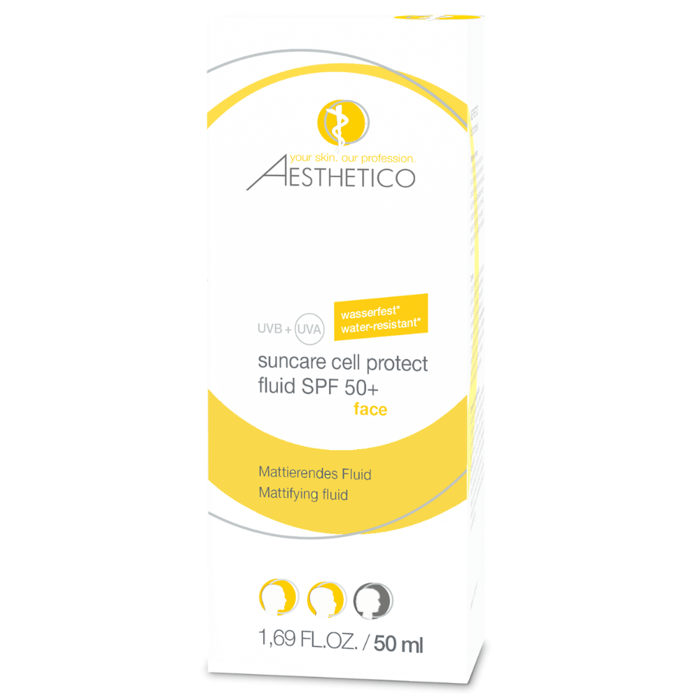 AESTHETICO Suncare Cell Protect Fluid SPF 50+ in weiß-gelber Tottleflasche