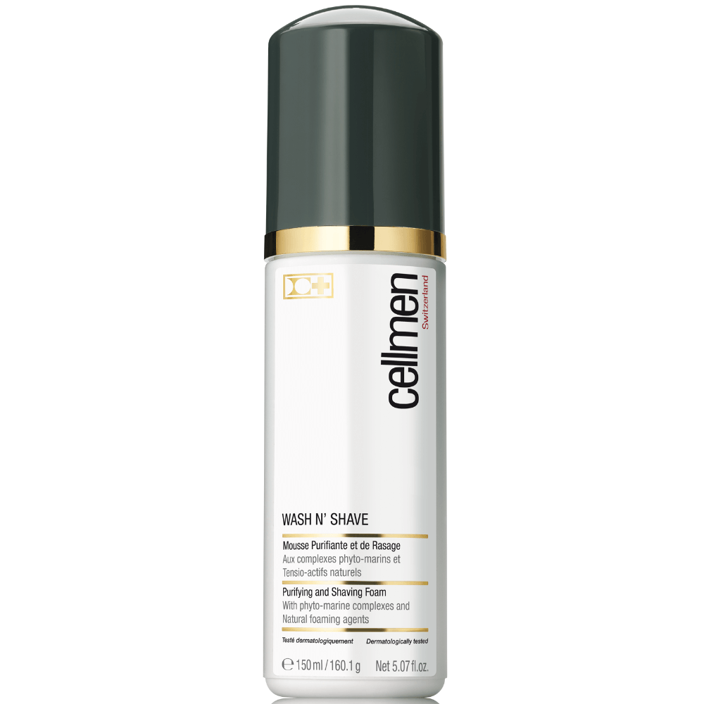 Cellmen Wash n’ Shave – 2-in-1 Reinigungsschaum und Rasierschaum für Herren in weißer 150 ml Flasche mit schwarzem Deckel und goldfarbenem Ring.