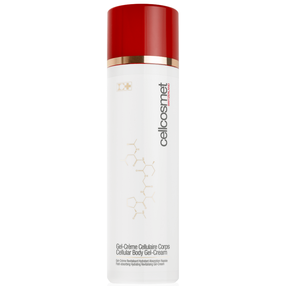 Cellcosmet Cellular Body Gel-Cream – revitalisierende Körpercreme in weißer Flasche mit rotem Verschluss.