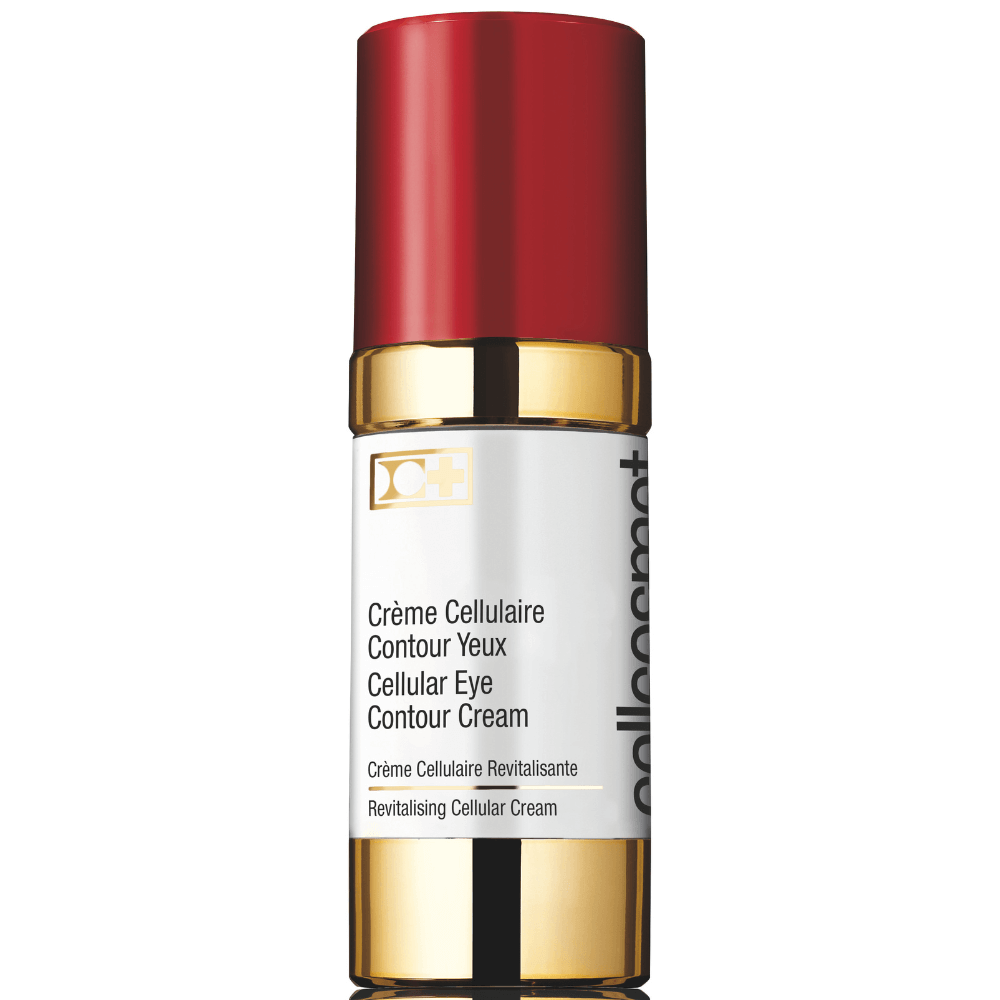 Cellcosmet Cellular Eye Contour Cream – luxuriöse Anti-Falten Augencreme in weiß-goldenem Pumpspender mit rotem Deckel, revitalisierende Pflege für die Augenpartie.