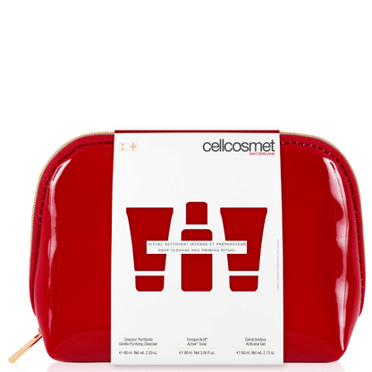Cellcosmet Deep Cleanse &amp; Priming Ritual – luxuriöses 3-Schritt-Reinigungsset mit Gentle Purifying Cleanser, Activator Gel und Active Tonic in eleganter roter Kosmetiktasche.