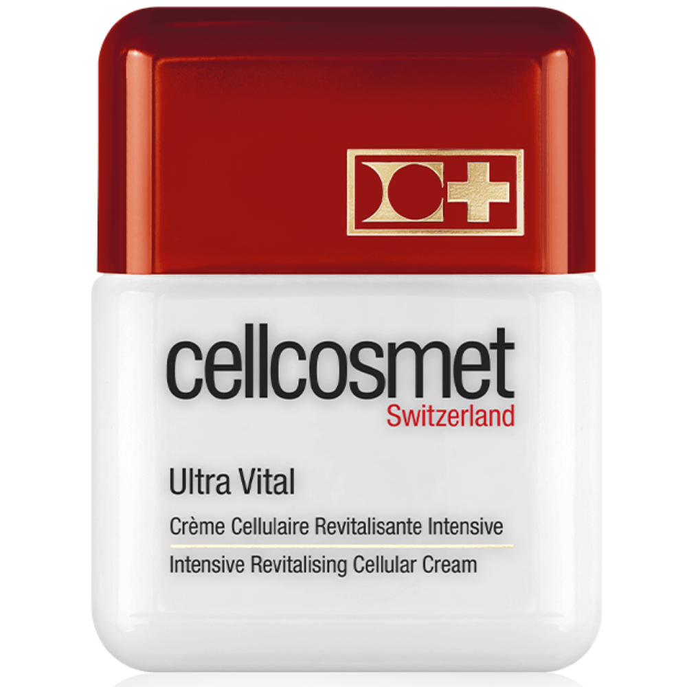 Cellcosmet Ultra Vital Creme – Intensive revitalisierende Zellpflege in weißem Tiegel mit rotem Deckel und goldfarbenem Logo, luxuriöse Anti-Aging Gesichtscreme aus der Schweiz.