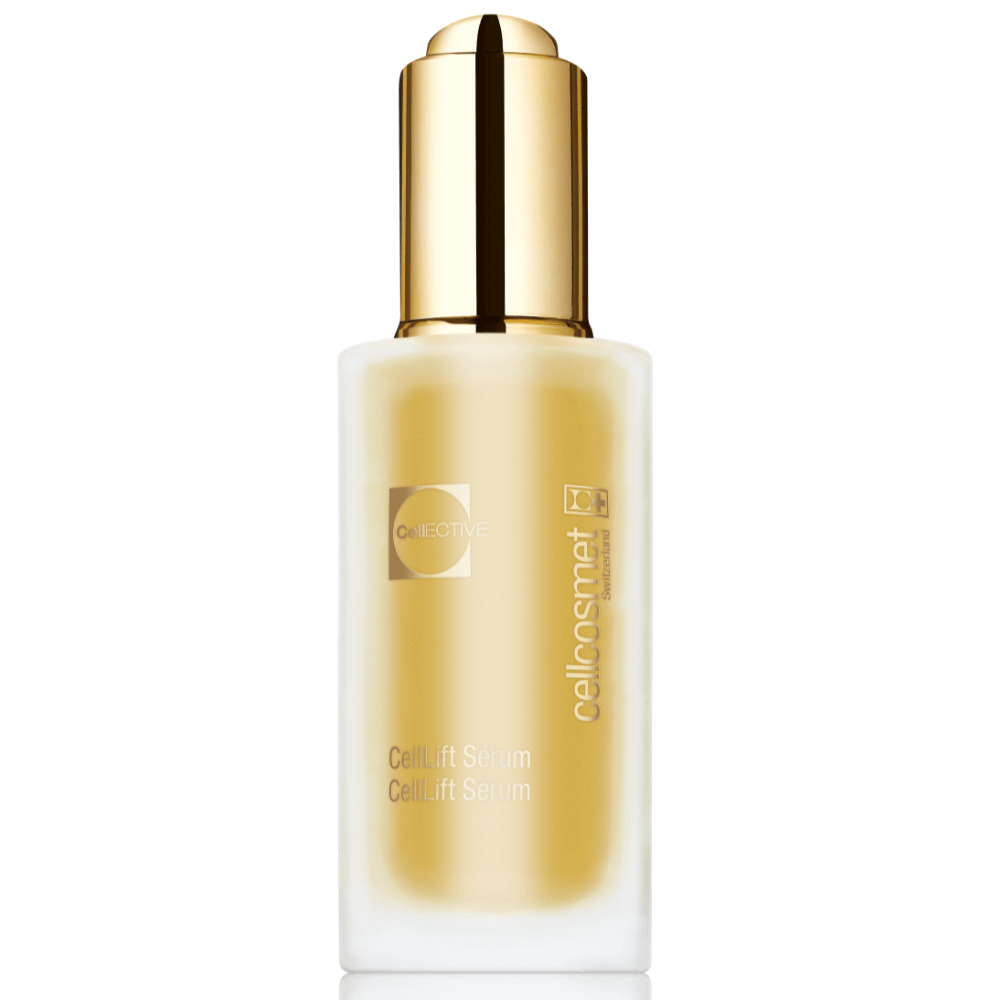 Cellcosmet CellEctive CellLift Serum – luxuriöses Anti-Aging Serum in goldfarbener Glasflasche mit goldener Pumpverschlusskappe.