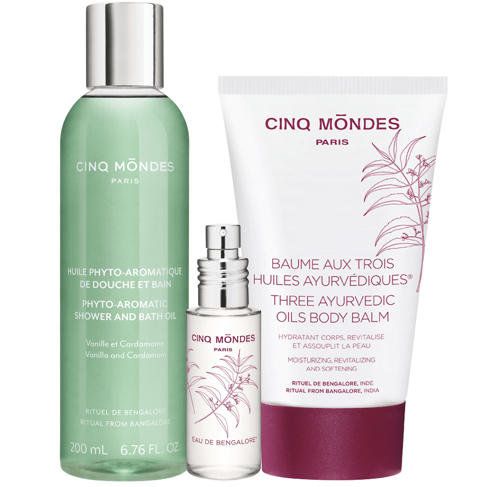 Cinq Mondes Ayurveda Körperpflege mit Duschöl, Eau de Bengalore Spray und Ayurvedischem Körperbalsam – Limited Edition.