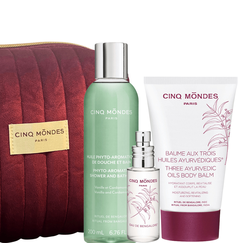Cinq Mondes Ayurveda Körperpflegeset mit roter Kosmetiktasche, Duschöl, Eau de Bengalore und Ayurveda Körperbalsam