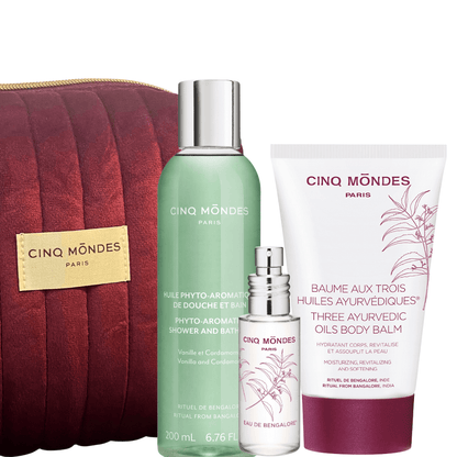 Cinq Mondes Ayurveda Körperpflegeset mit roter Kosmetiktasche, Duschöl, Eau de Bengalore und Ayurveda Körperbalsam