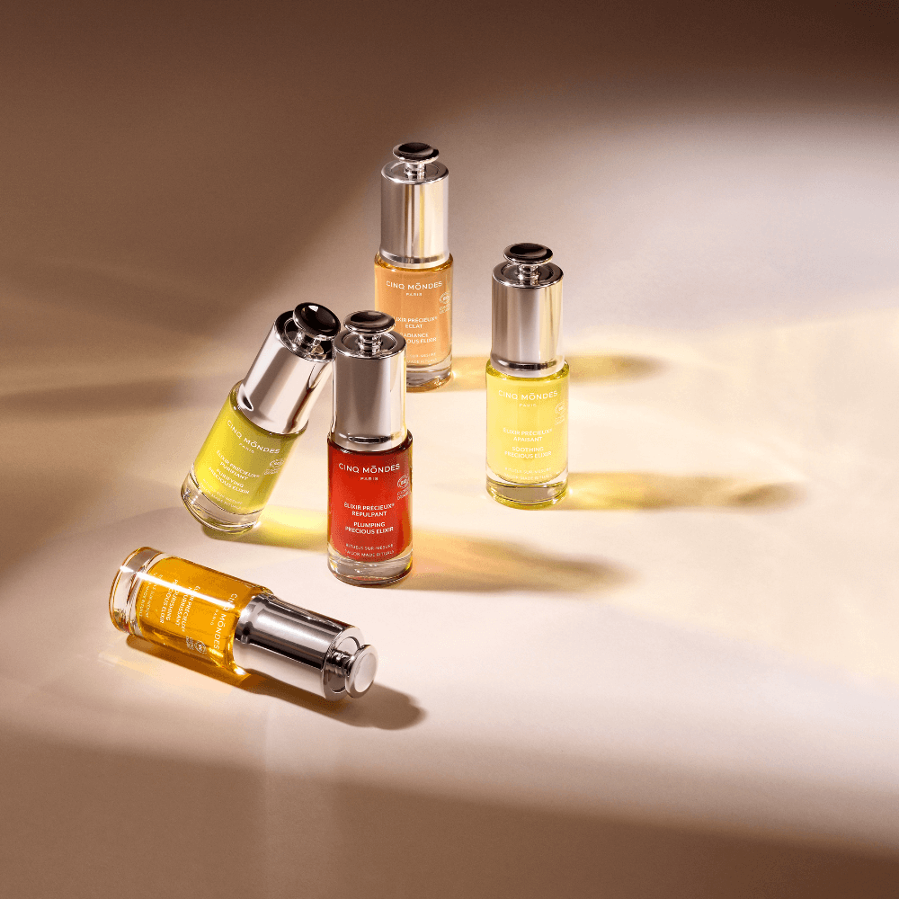 Cinq Mondes Élixire Kollektion – verschiedene Gesichtsöl-Seren, darunter Élixir Précieux Repulpant für Spannkraft und Anti-Aging