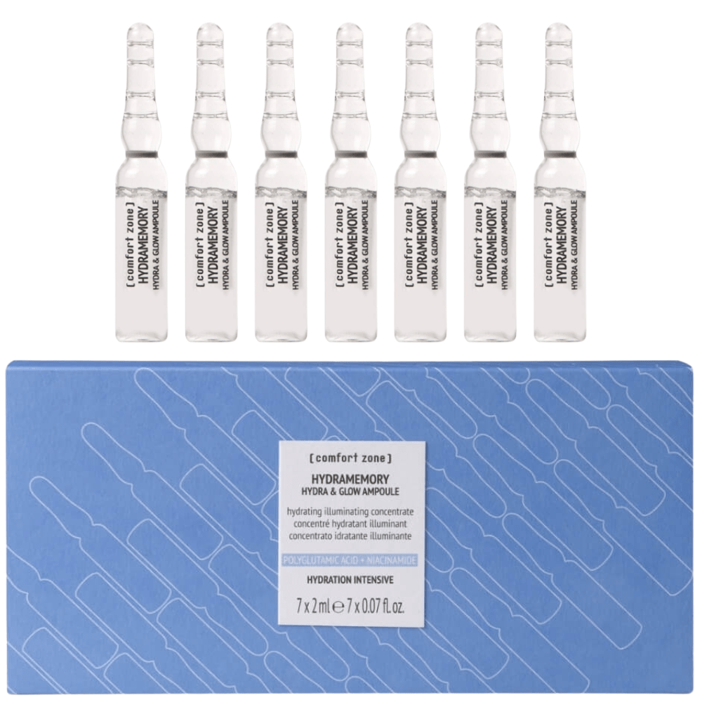Comfort Zone Hydramemory Hydra Glow Ampulle Verpackung mit Inhalt, feuchtigkeitsspendende Ampullen