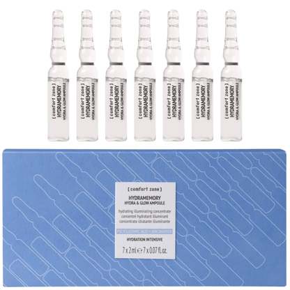 Comfort Zone Hydramemory Hydra Glow Ampulle Verpackung mit Inhalt, feuchtigkeitsspendende Ampullen
