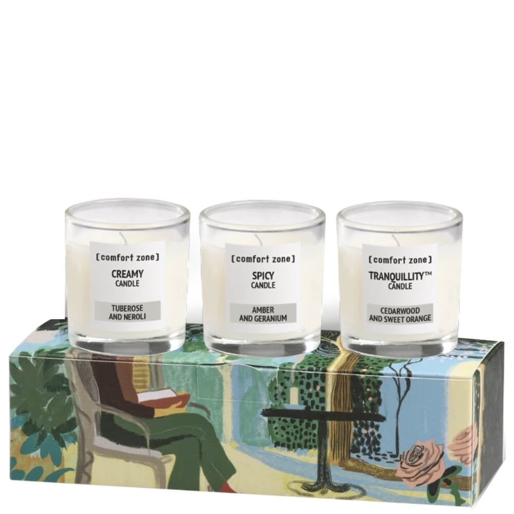 Comfort Zone Tranquillity Candle Set, Set mit beruhigenden Duftkerzen für stimmungsvolle Momente - bunte Verpackung