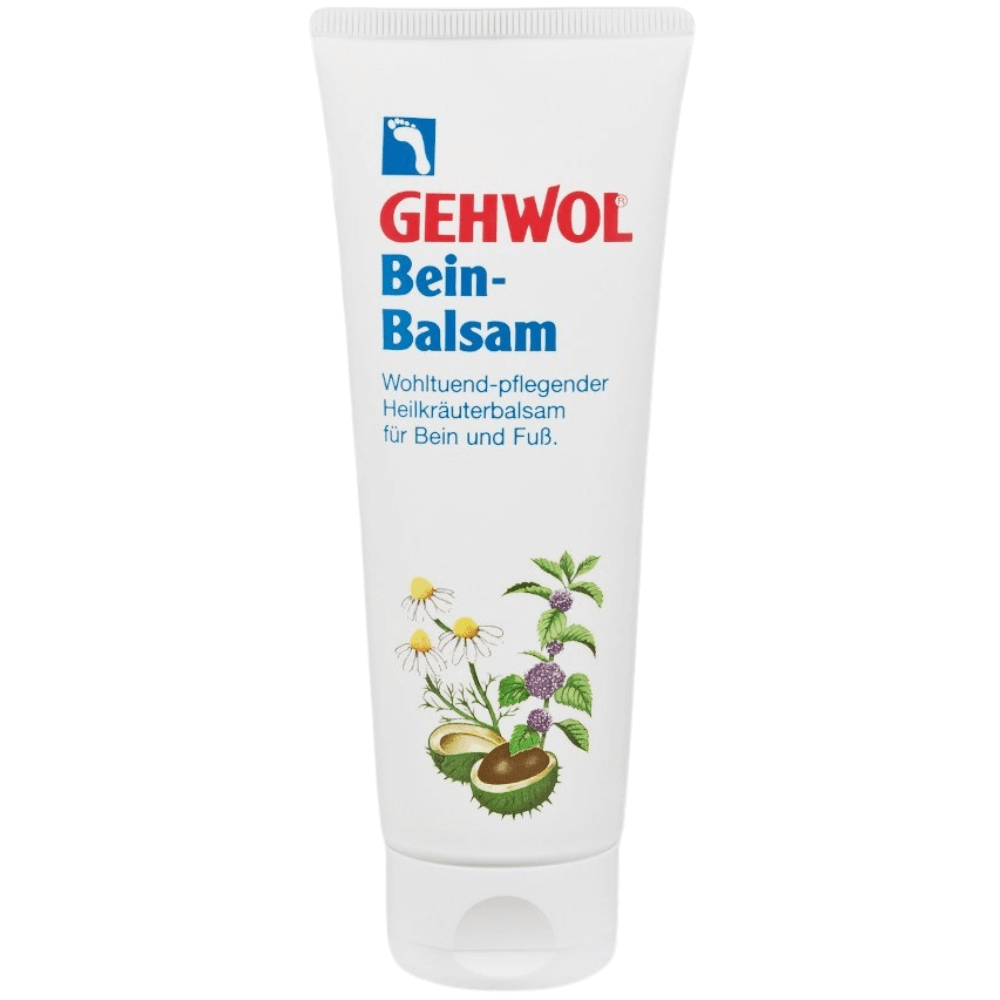 Gehwol Bein-Balsam 125 ml – erfrischender Kräuterbalsam für müde Beine in weißer Tube mit Heilpflanzen-Illustration