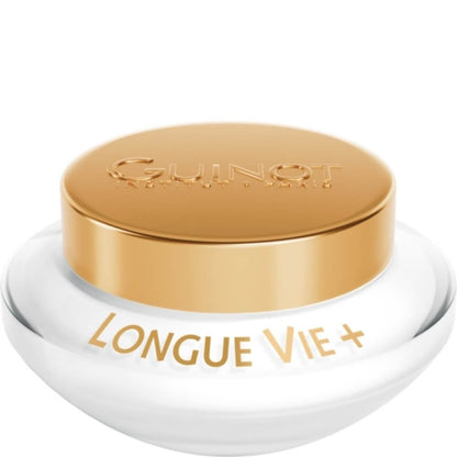 Guinot Longue Vie+ Creme in transparentem Tiegel mit goldenem Deckel, regenerierende Pflege zur Förderung der Hauterneuerung und Reduzierung von Falten