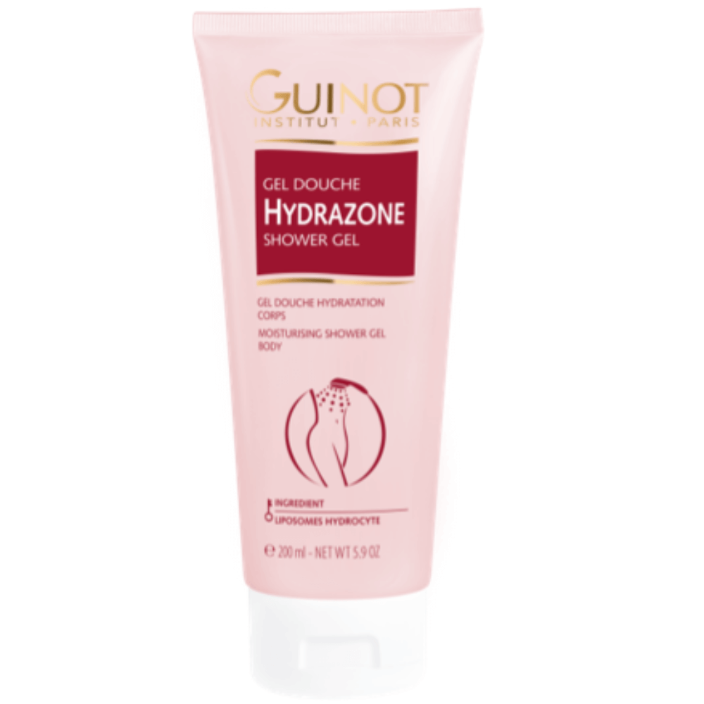 Guinot Gel Douche Hydrazone 200ml in transparenter Flasche mit weißer Kappe, feuchtigkeitsspendendes und pflegendes Duschgel für eine geschmeidige und hydratisierte Haut
