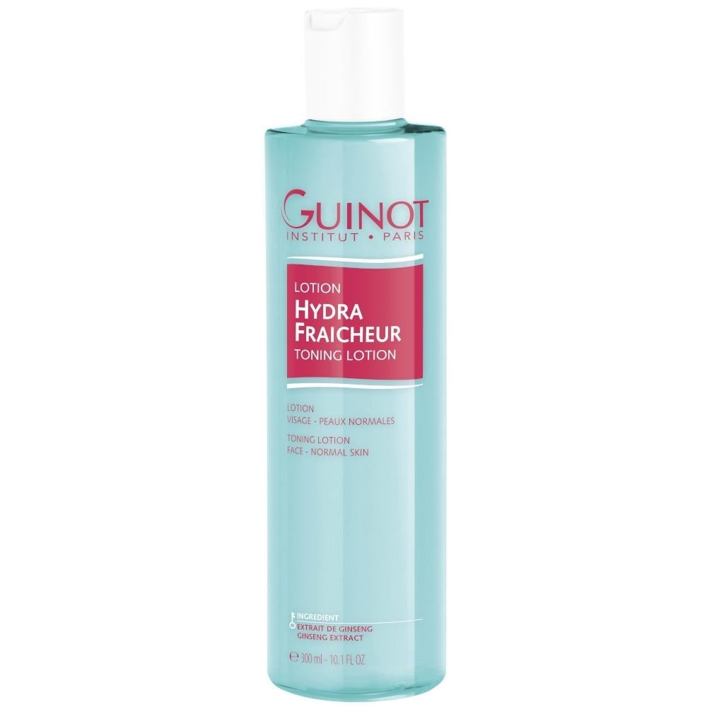 Guinot Lotion Hydra Fraîcheur 300ml - erfrischendes Gesichtswasser für normale Haut in transparenter Flasche mit blauem Inhalt und weißem Schraubverschluss.