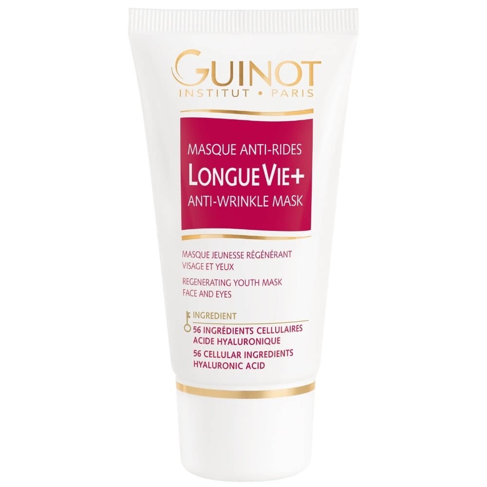 Guinot Masque Anti-Rides Longue Vie+ 50ml in weißer Tube mit roten und goldenen Akzenten, Anti-Falten Maske zur Regeneration und Glättung der Haut.