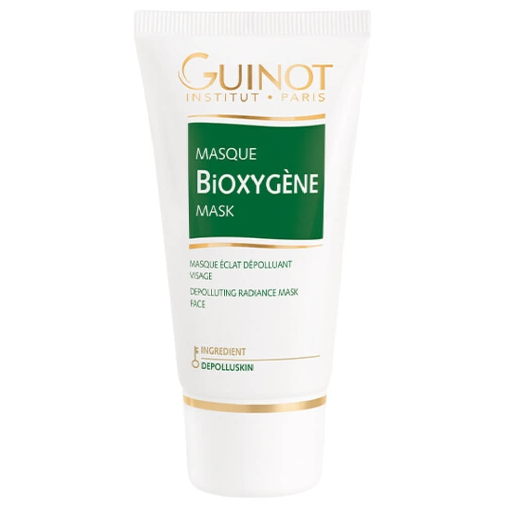 Guinot Masque Bioxygène 50ml in weißer Tube mit grünen und goldenen Akzenten, Sauerstoffspendende Maske zur Erfrischung und Vitalisierung der Haut.