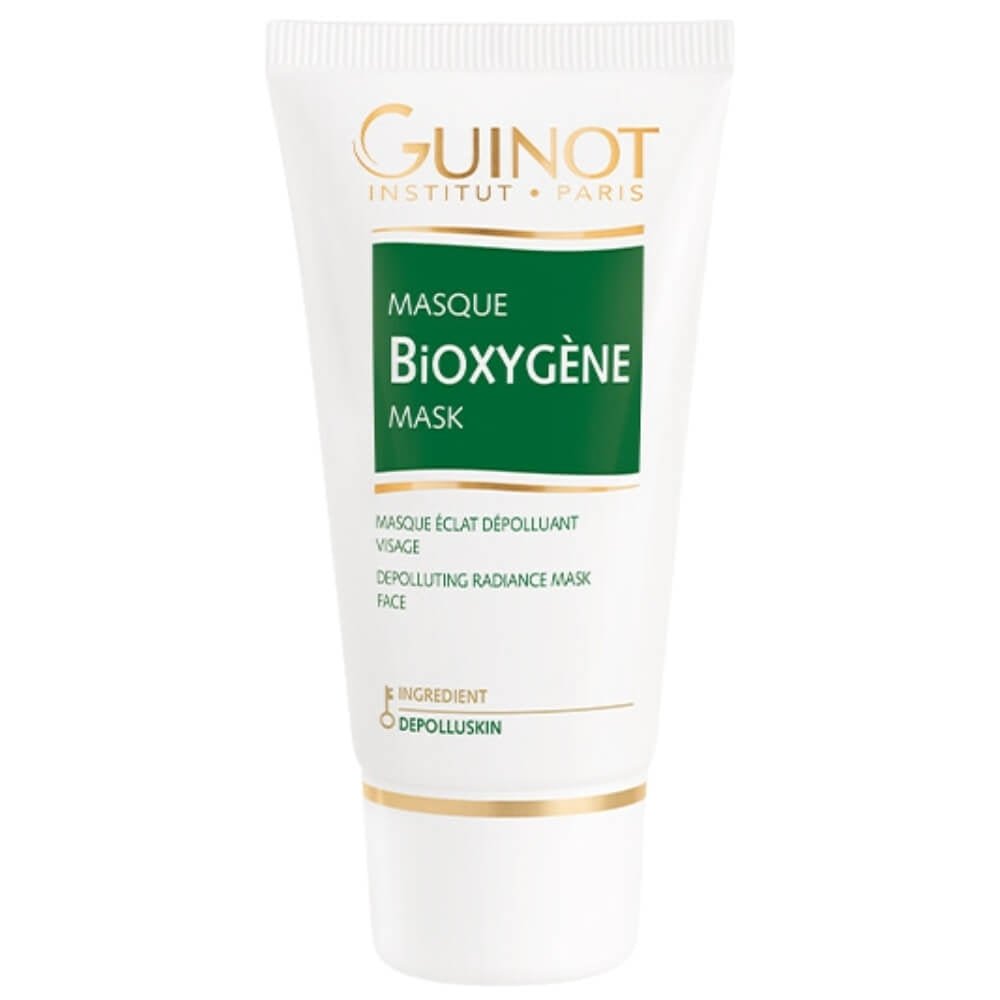 Guinot Masque Bioxygène 50ml in weißer Tube mit grünen und goldenen Akzenten, Sauerstoffspendende Maske zur Erfrischung und Vitalisierung der Haut.