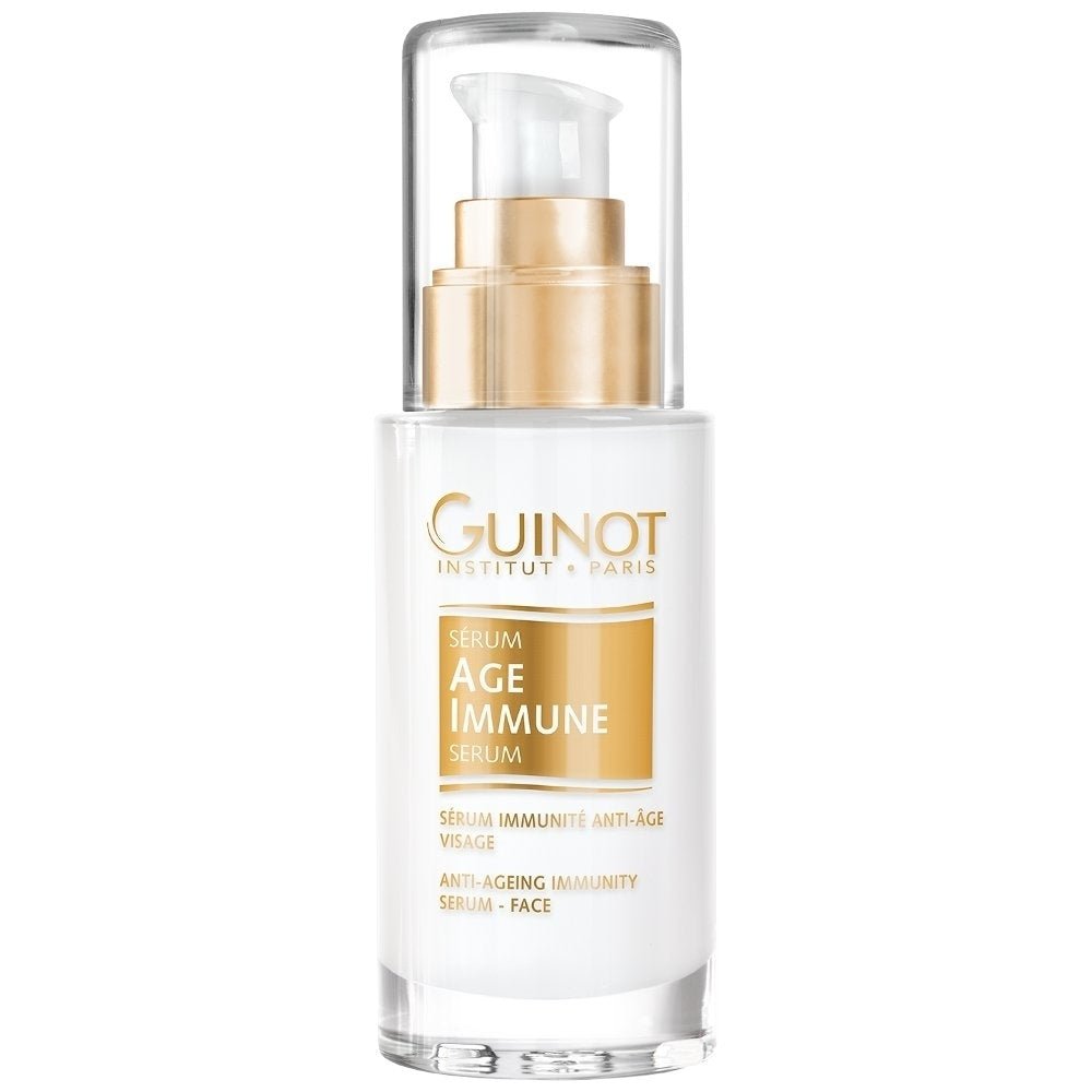 Guinot Sérum Age Immune 30ml in einem eleganten Pumpspender mit weiß-goldenem Design, regenerierendes Anti-Aging Serum zur Stärkung der Haut und Reduzierung von Falten.