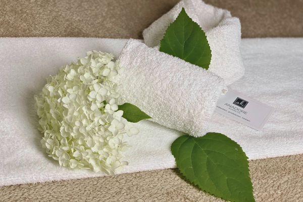 Wellness-Atmosphäre im ANADORE Studio – gepflegtes Handtuch mit frischer Blume in Behandlungsraum