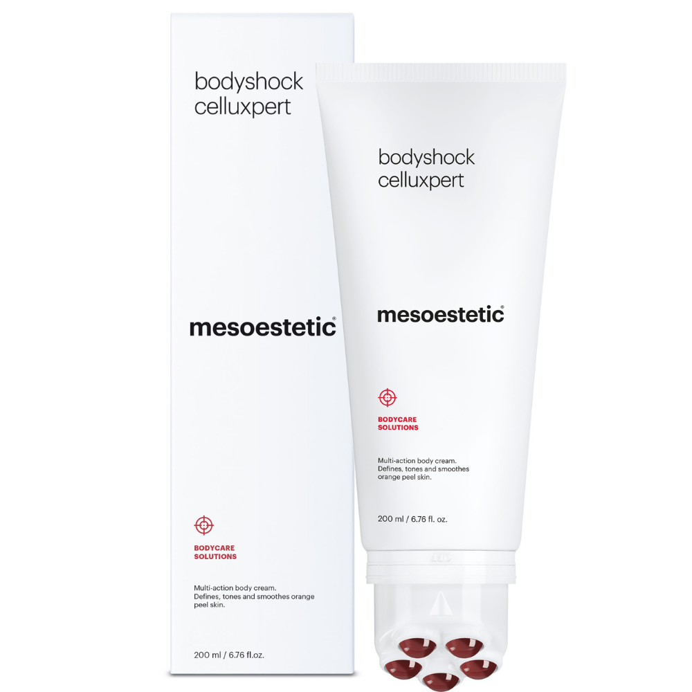 Mesoestetic Bodyshock Celluxpert 200ml – zur Unterstützung der Körperkonturverbesserung - Produktfoto der Anti-Cellulite Pflege mit Verpackung 
