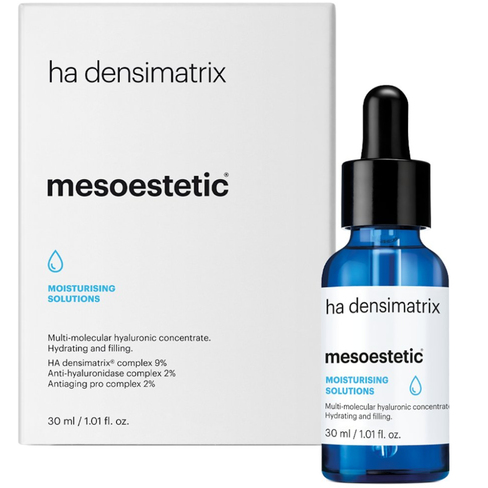 Mesoestetic ha densimatrix 30ml – Produktfoto des hochkonzentrierten Hyaluronsäure-Serums mit Verpackung für intensive Feuchtigkeitspflege