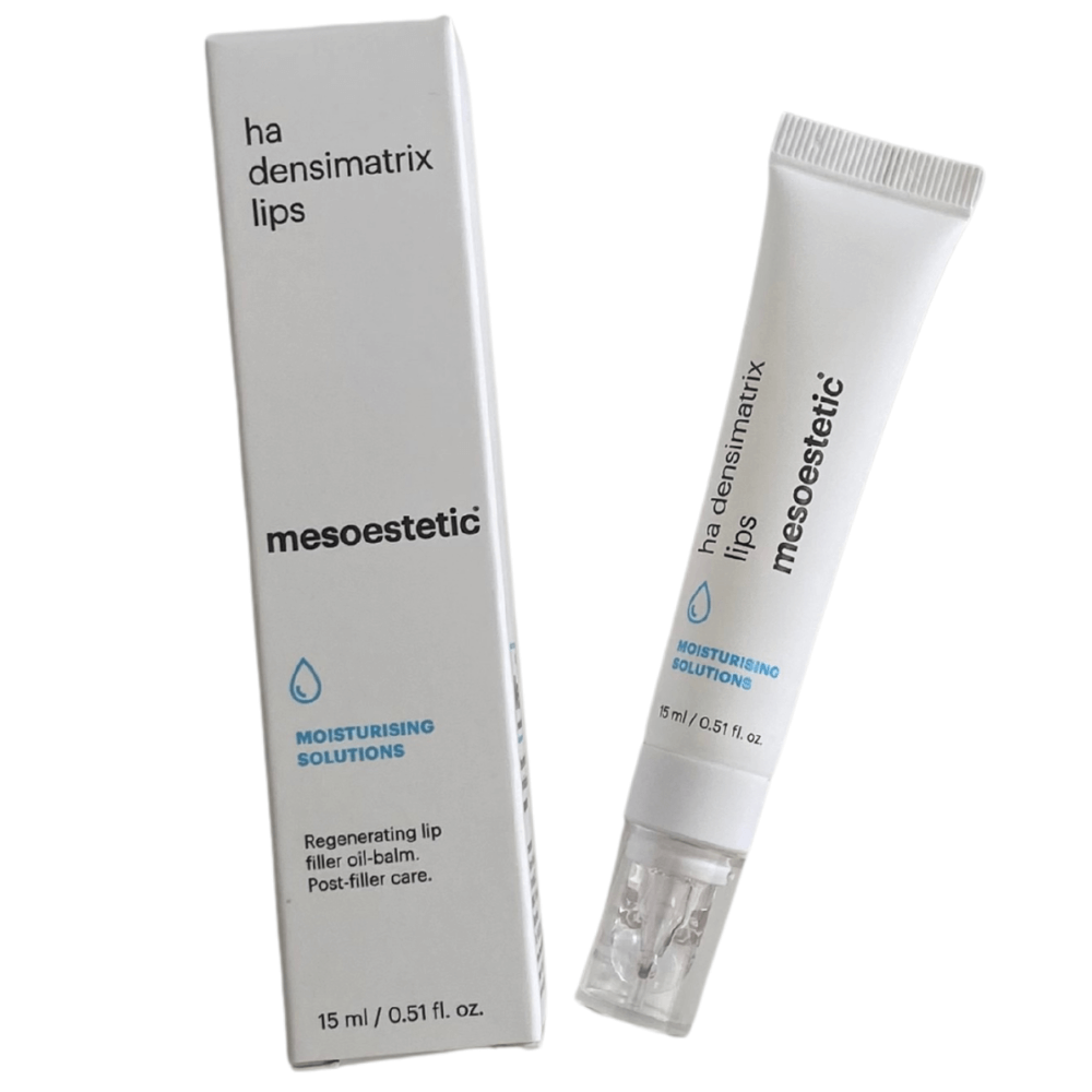 Mesoestetic HA Densimatrix Lips – Produktfoto mit Kartonverpackung und Tube, feuchtigkeitsspendender Lippenbalsam mit Hyaluronsäure