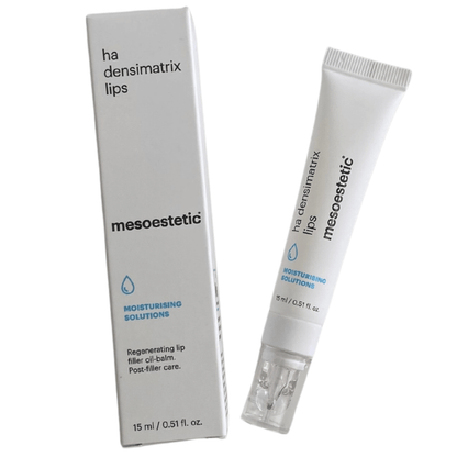 Mesoestetic HA Densimatrix Lips – Produktfoto mit Kartonverpackung und Tube, feuchtigkeitsspendender Lippenbalsam mit Hyaluronsäure