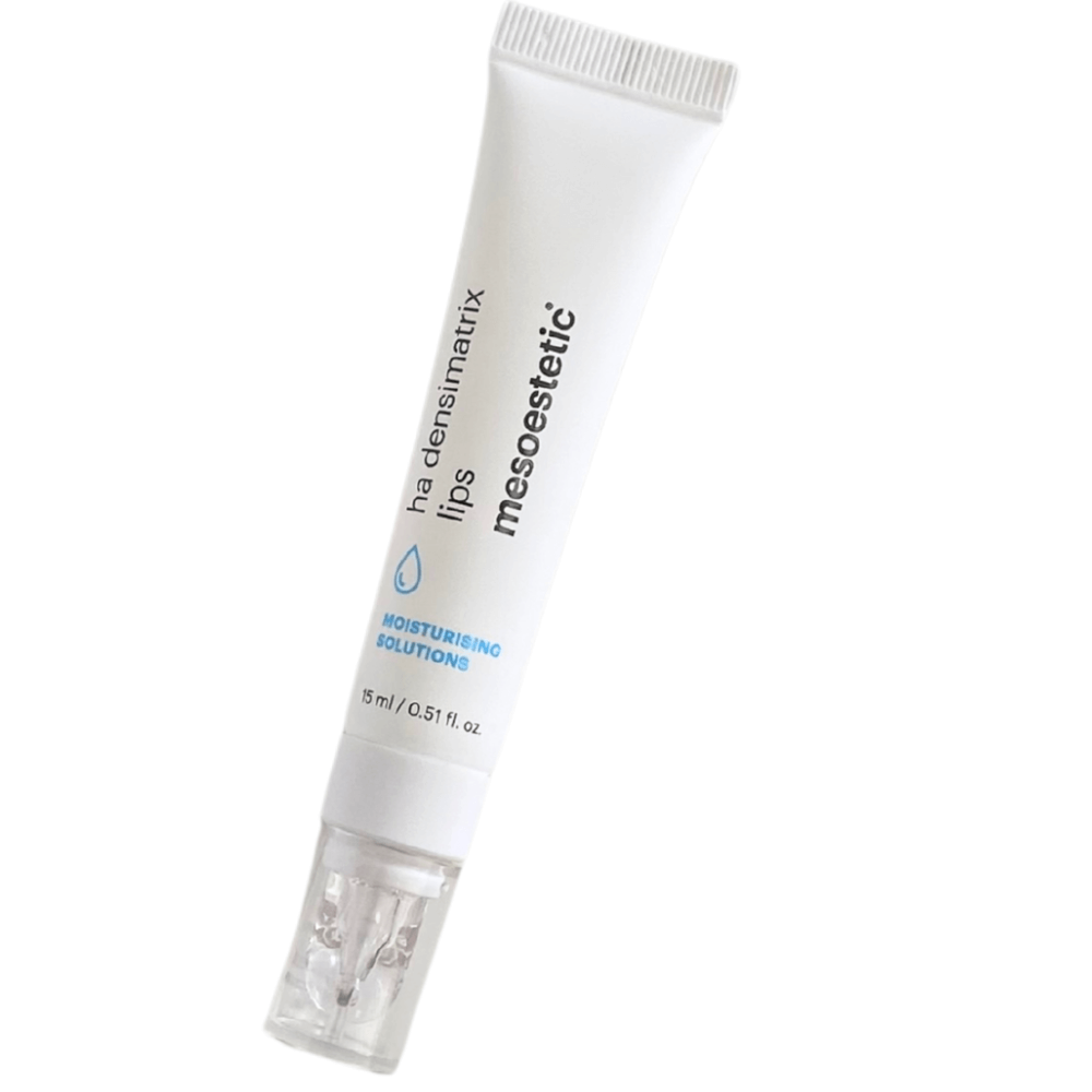 Mesoestetic HA Densimatrix Lips – Nahaufnahme der Tube, aufpolsternder und beruhigender Lippenbalsam mit Hyaluronsäure