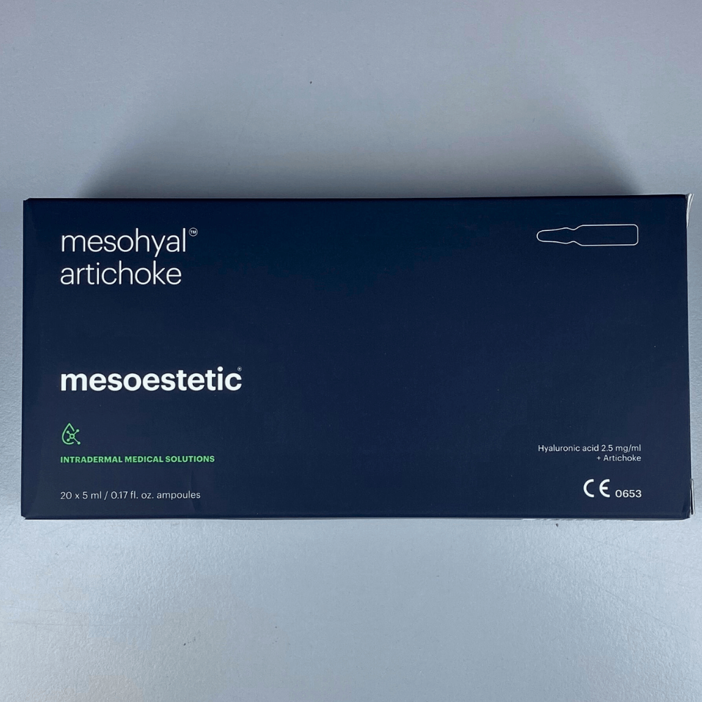 Mesohyal Artichoke Verpackung auf grauem Hintergrund 