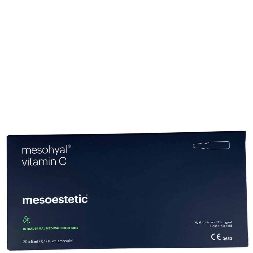 Mesohyal Vitamin C – hochwirksame Ampullenverpackung mit antioxidativer Formel für strahlende Haut.