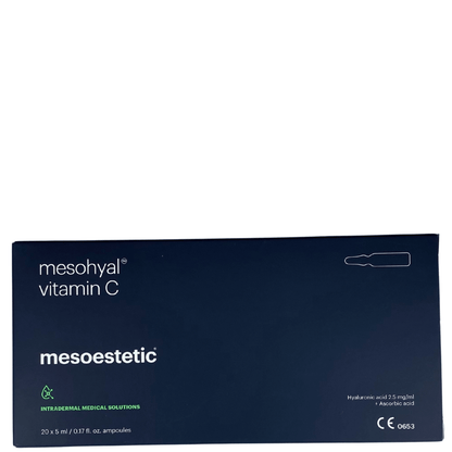 Mesohyal Vitamin C – hochwirksame Ampullenverpackung mit antioxidativer Formel für strahlende Haut.