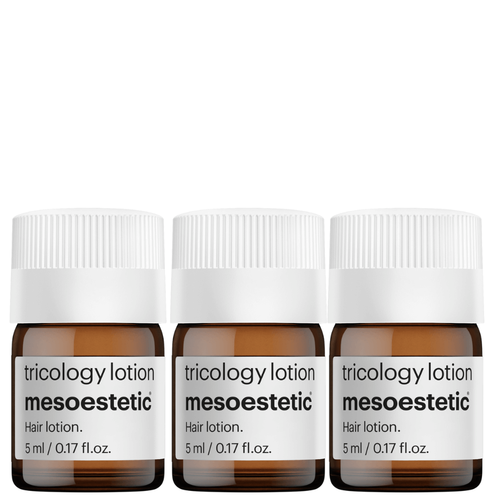 Mesoestetic Tricology – Bild mit drei einzelnen Lotion-Ampullen zur Darstellung von Menge und Verpackung