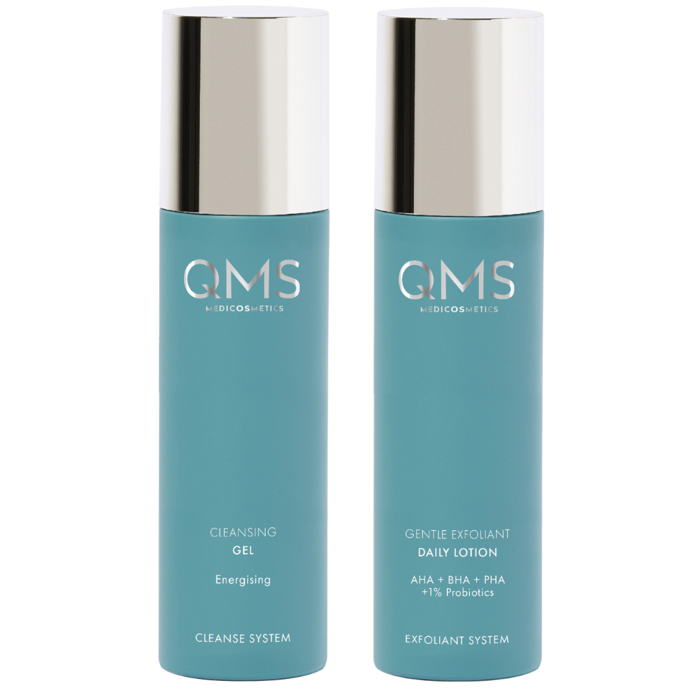 QMS Energising Double Cleansing Set – Energising Cleansing Gel &amp; Gentle Exfoliant Daily Lotion – porentiefe Reinigung mit AHA, BHA &amp; PHA für strahlende Haut.