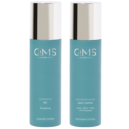 QMS Energising Double Cleansing Set – Energising Cleansing Gel &amp; Gentle Exfoliant Daily Lotion – porentiefe Reinigung mit AHA, BHA &amp; PHA für strahlende Haut.