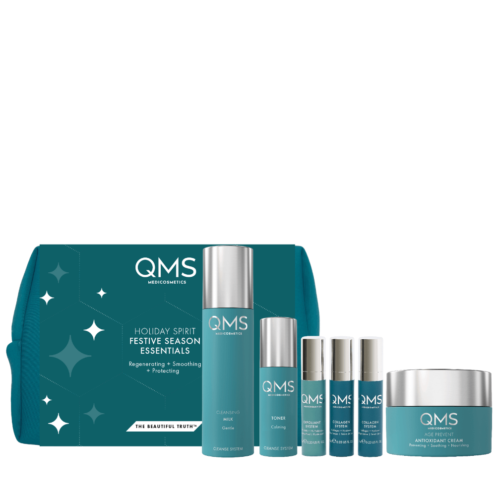 QMS Pflegeset mit Reinigungsmilch, Toner, Collagen-Seren und Antioxidant-Creme – luxuriöses Anti-Aging Geschenkset.