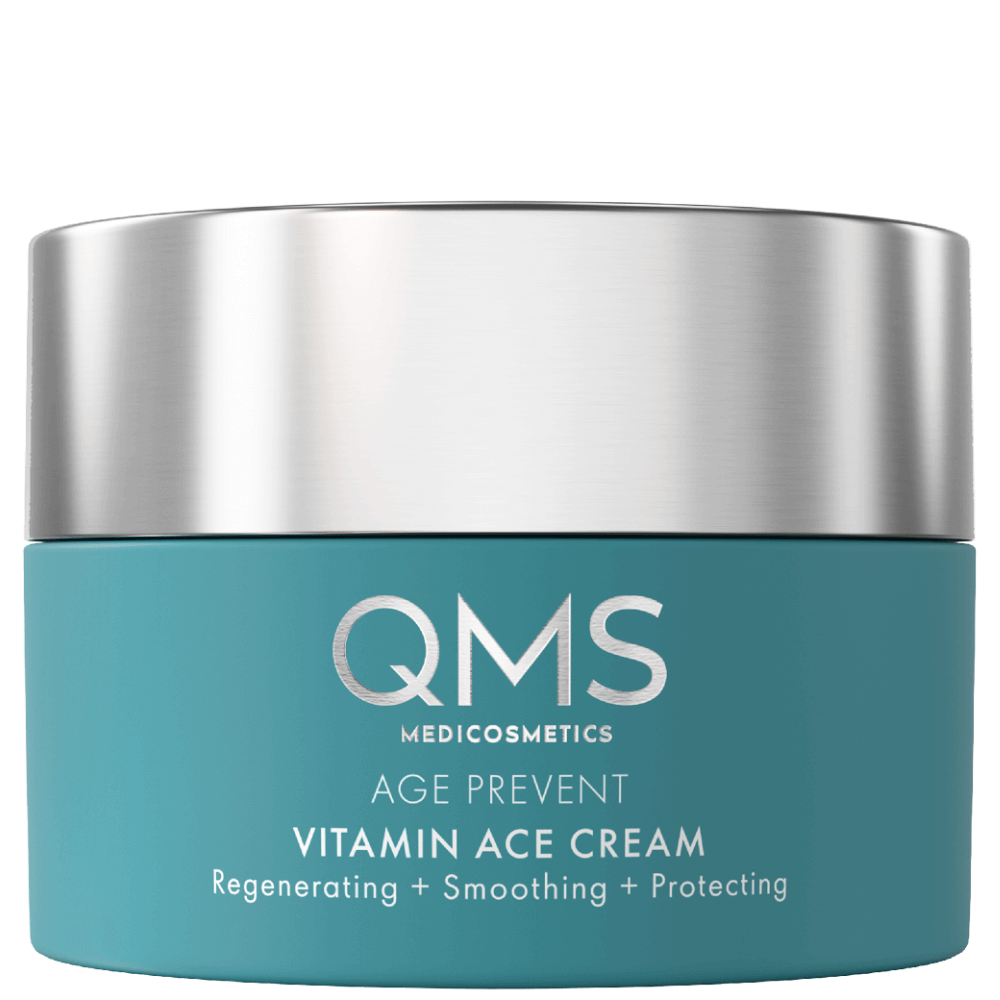 QMS Age Prevent Vitamin ACE Cream im türkisfarbenen Tiegel mit silbernem Deckel – 50 ml Feuchtigkeitspflege für normale bis trockene Haut