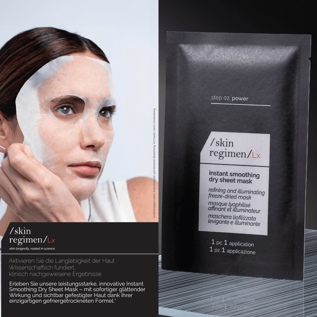 Skin Regimen LX Instant Smoothing Dry Sheet Mask – innovative trockene Tuchmaske für glattere, strahlende Haut. Anwendung auf Gesicht gezeigt.