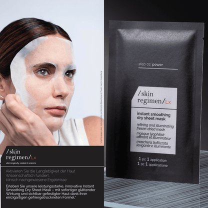 Skin Regimen LX Instant Smoothing Dry Sheet Mask – innovative trockene Tuchmaske für glattere, strahlende Haut. Anwendung auf Gesicht gezeigt.