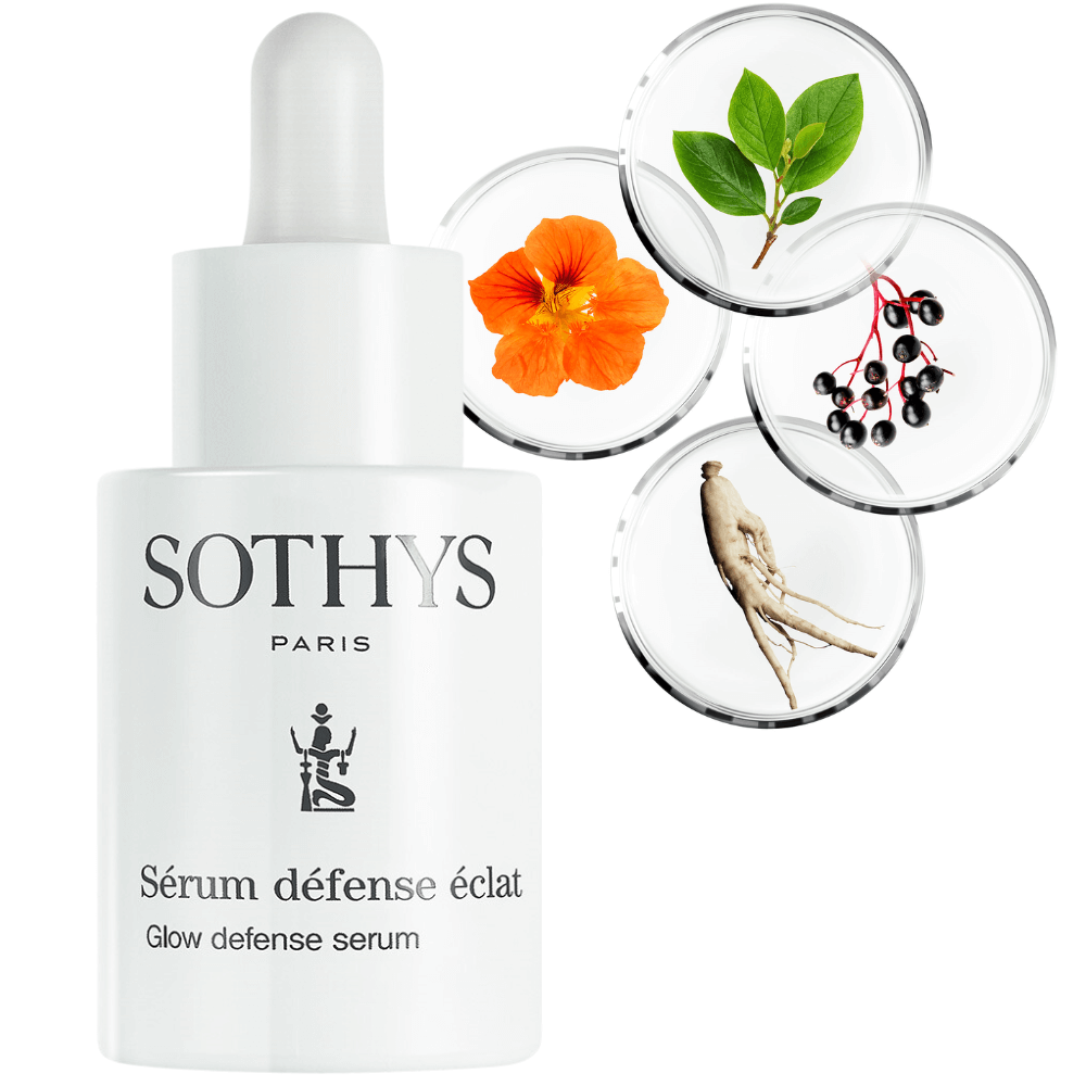 Sothys Glow Defense Serum - Gesichtsserum, 30ml Flasche und Abbildung der Hauptwirkstoffe