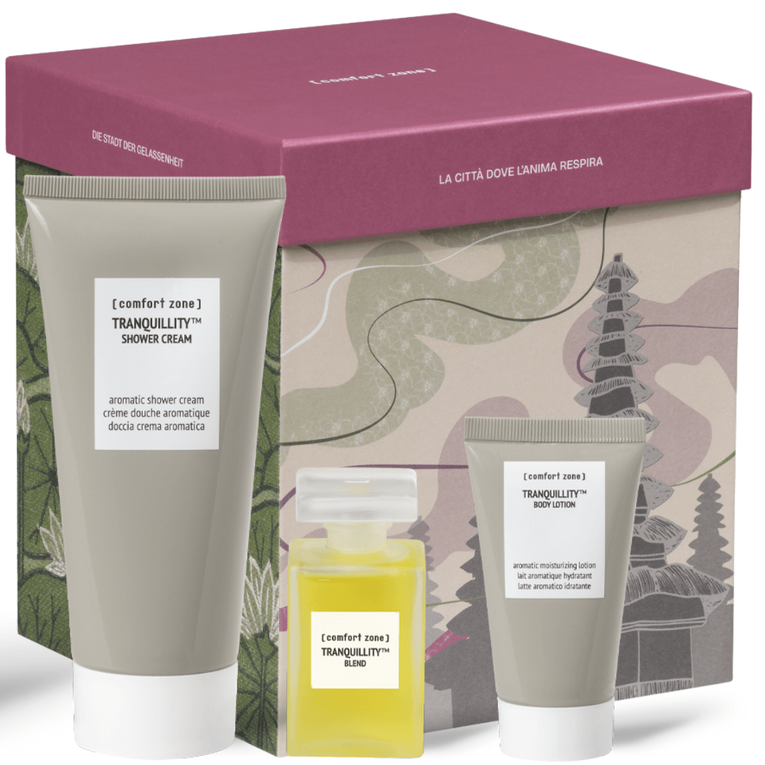 Nahaufnahme des The City of Serenity Geschenksets von Comfort Zone – natürliche Körperpflegeprodukte für Wohlbefinden und sanft gepflegte Haut.